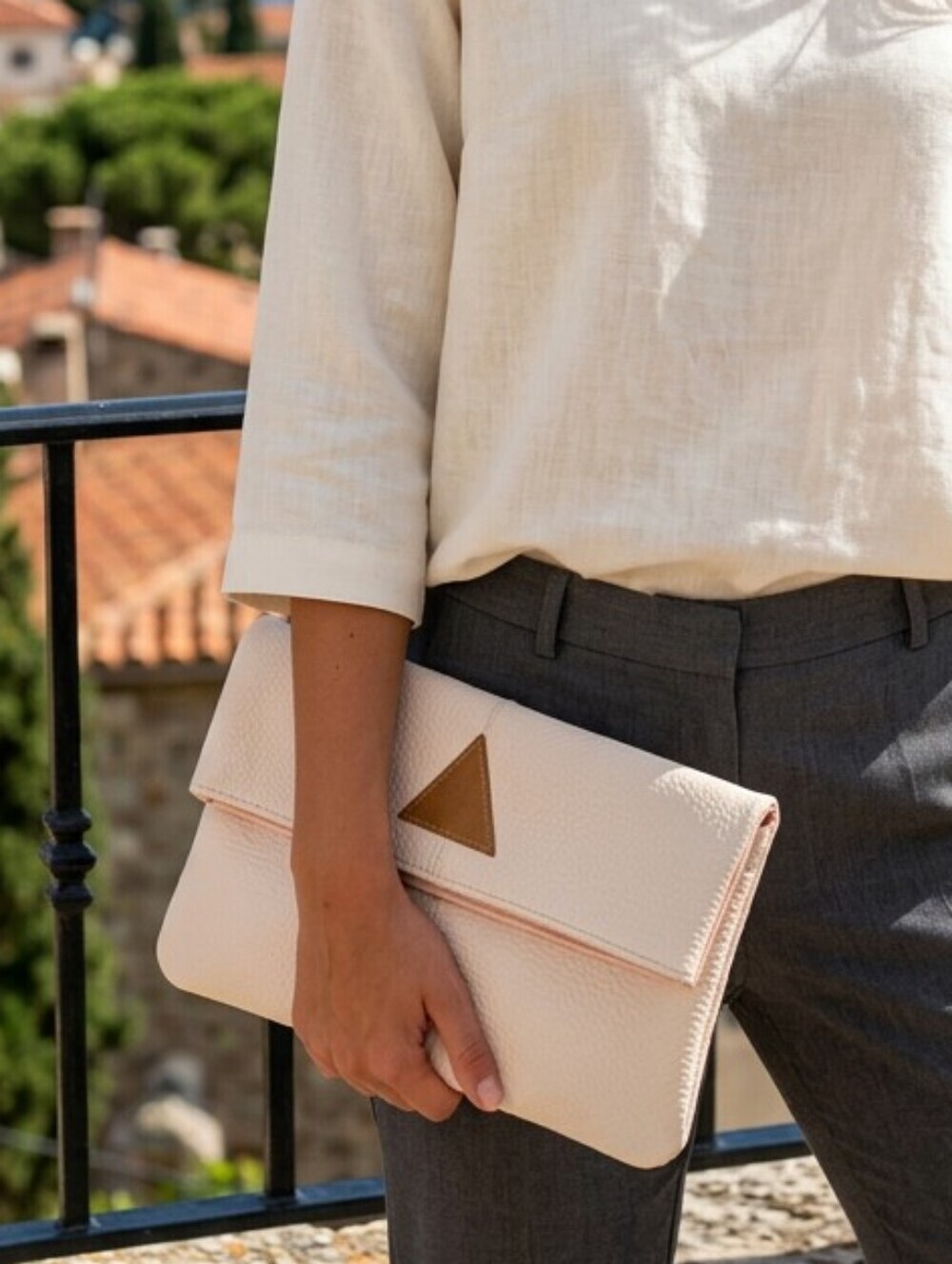 Women's Pastel Pink Pebble Faux Leather Foldover Clutch Brown Geo Accent Summer